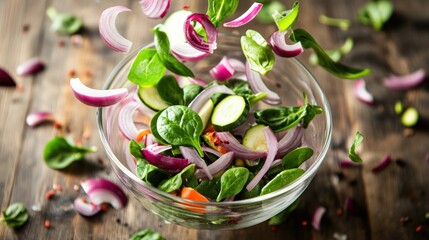 Obraz premium Close-up of colorful mixed vegetables like sliced red onions, diced zucchini, and spinach leaves mid-air above a glass bowl on a rustic wooden table.