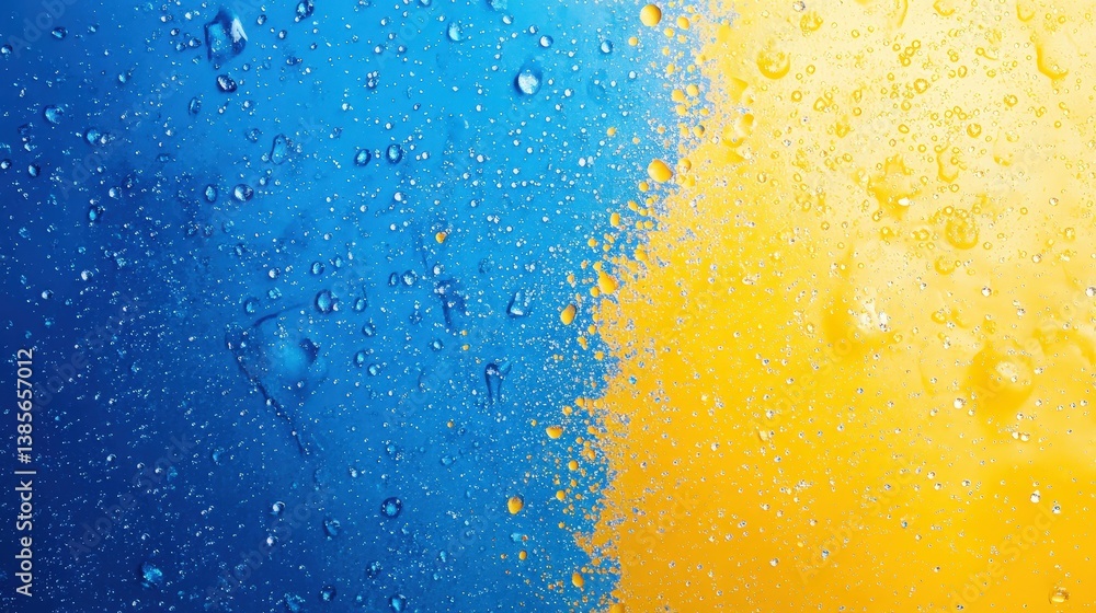 Aufkleber a vibrant close-up of droplets on a surface with a gradient of blue and yellow colors, creating a re