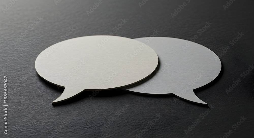 Poster two gray metallic speech bubbles on dark textured background representing dialogue and communication