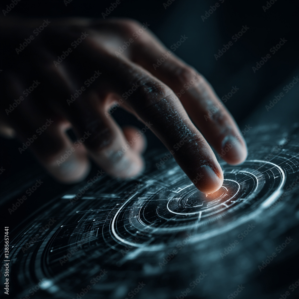 Poster a finger touching a digital interface with glowing circles and lines in a dark environment showing t