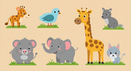 Fototapeta premium Cute cartoon animals in a flat design style, perfect for children's books