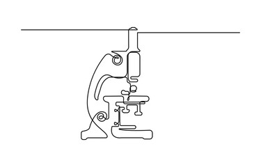 Continuous one line drawing of medical microscope laboratory, microscope line art vector illustration.