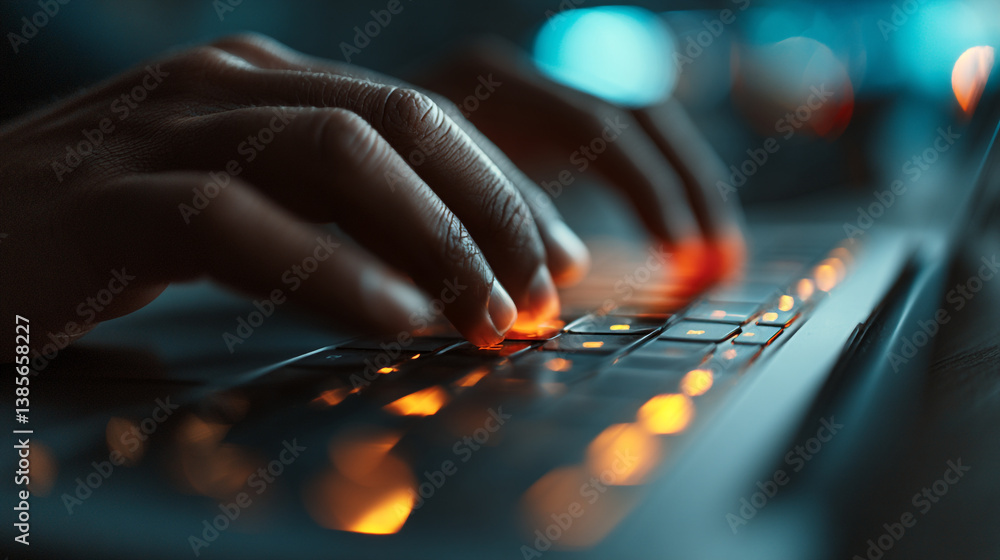 Poster hands typing on illuminated keyboard of laptop in dark setting with blurred lights background