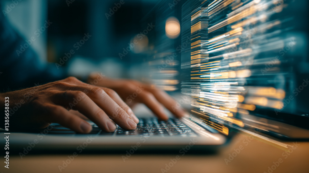 Poster hands typing on a laptop keyboard with abstract digital code overlay in a blurred background view