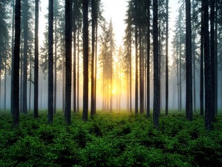 Obraz premium Majestic Sunrise Over Misty Pine Forest Nature Scene Tranquil Environment Captivating Viewpoint Serene Concept