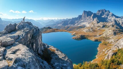 Obraz premium Hiker summits, alpine lake vista, autumn