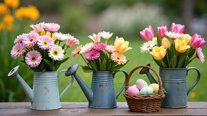 Fototapeta premium Vibrant Spring Flowers in Blue Watering Cans with a Basket of Pastel Easter Eggs.