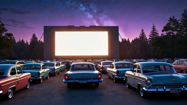 Retro drive-in movie theater with classic cars parked in front of a large screen, set against a starry evening sky and forest backdrop.

