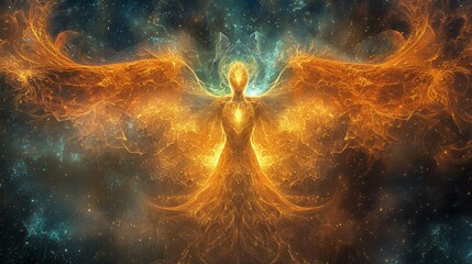 Celestial being with radiant wings amidst a cosmic nebula and shimmering energy