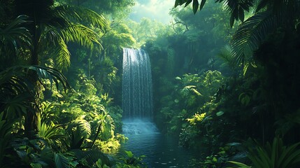 Tropical Waterfall Oasis with Lush Greenery for Jungle Adventures, Peaceful Nature Escapes, or Paradise Backgrounds