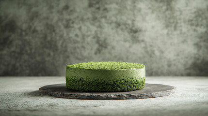 Cheesecake without baking with matcha tea on a stone plate.