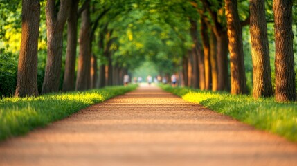 Fototapeta premium Tranquil Sunlit Pathway Through Lush Green Trees Park Scenic View Nature Serene Atmosphere