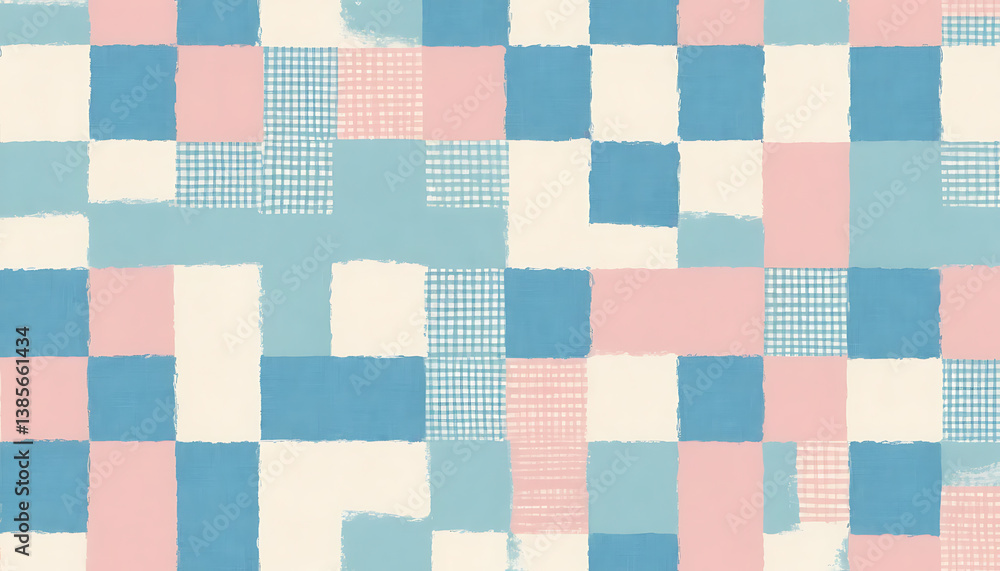 Poster pastel squares patchwork pattern with textured details and gingham accents