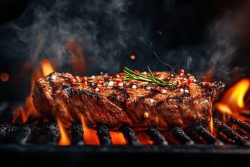 Juicy Beef Steak Cooking on Barbecue Grill with Smoke and Char Marks, Close-Up