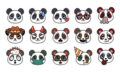 Panda head emoticon vector illustration set