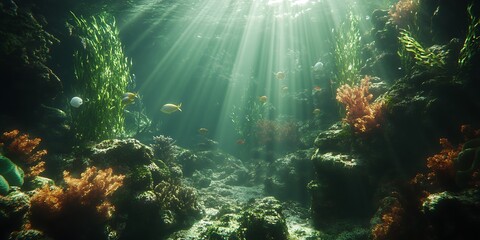 Obraz premium Underwater Scene with Sunlight Filtering Through for Ocean Depths, Marine Life Backgrounds, or Tranquil Aquatic Views