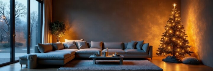 Sleek living room with minimalist Christmas tree, interior design, christmas