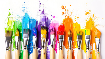 Vibrant Paint Brushes: Colorful Art Supplies, Artistic Tools, Creative Expression, Painting Accessories, Rainbow Hues,  Brushstrokes,  Splatter,  Palette,  Visual Arts