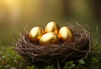 Obraz premium Easter Nest with Golden Eggs Inside