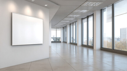 Bright office space with large windows and a blank canvas on the wall for art display purpose