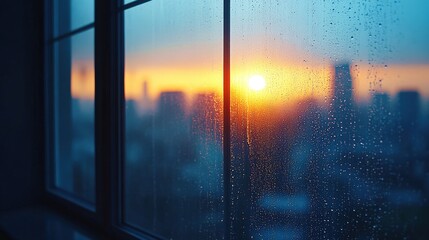 Naklejka premium Rain-drenched windowpane reveals the vibrant sunset over a city skyline