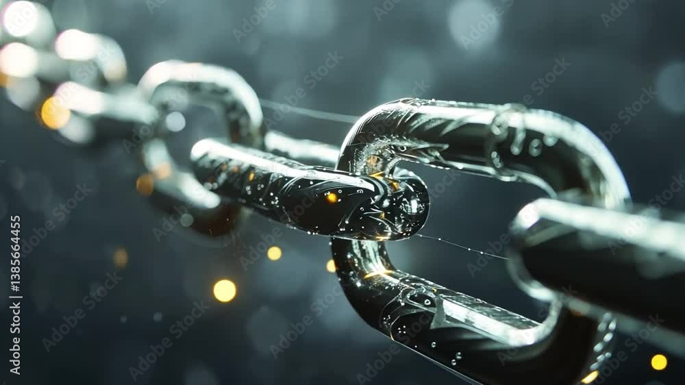 Poster close up of shiny metallic chain link intricate details and strength with blurred glowing background