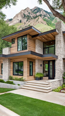 Modern home design with large windows and natural stone near scenic mountains