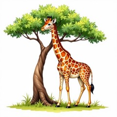 Fototapeta premium Watercolor rendering of giraffe calf with acacia tree, african animal print, watercolor giraffe painting