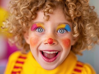 Smiling child with curly hair in colorful clown makeup and yellow costume looking excited and joyful into the camera.