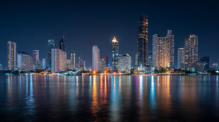 Naklejka premium Night cityscape view with illuminated skyscrapers and water reflections in the foreground
