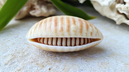 Close-up of a seashell on a stone surface