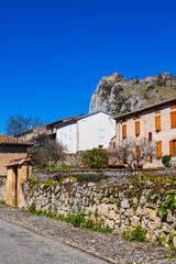 Ruins of the Cathar fortress of Roquefixade, located on a limestone spur above the village