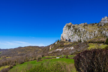 Ruins of the Cathar fortress of Roquefixade, located on a limestone spur above the village