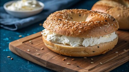 Golden Bagel with Creamy Filling & Sesame Seeds on Wooden Board V4