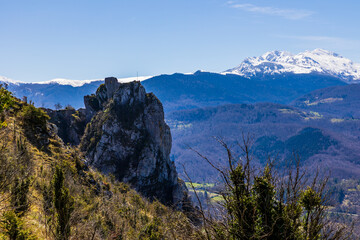 Ruins of the Cathar fortress of Roquefixade, located on a limestone spur above the village