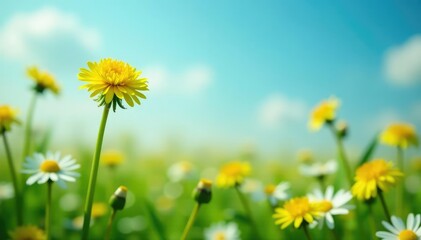 Lone yellow dandelion in field of white daisies, stock, distinct