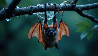 Obraz premium A ghostly brown bat hangs upside down from a cobweb-covered tree branch at dusk, bats flying, foggy nights