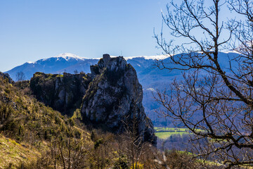 Ruins of the Cathar fortress of Roquefixade, located on a limestone spur above the village