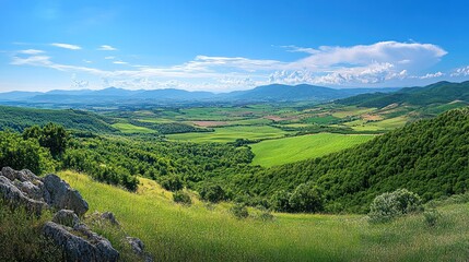 Obraz premium Hilltop Valley Panorama Sunny Day, Lush Green Landscape
