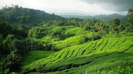 Lush terraced rice paddies in a tropical landscape.  Rolling hills covered in vibrant green foliage.  Misty mountain backdrop