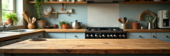 Bare wooden table sits atop cluttered kitchen counter with utensils and appliances scattered around, utensils, wood