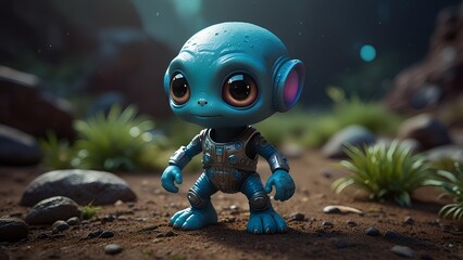a small blue alien figure with big, round eyes wearing a space suit