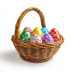 a basket full of bright painted Easter egg on a plain white background, Made with generative AI