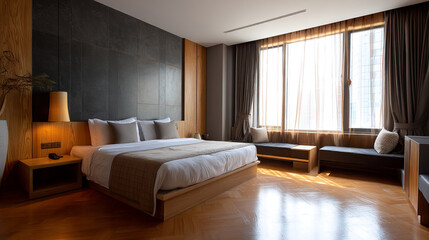 Fototapeta premium A modern bedroom with a large bed, window benches, and wood flooring in a well lit hotel room space