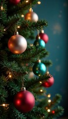 Obraz premium Christmas tree with colorful ornaments hung from branches, surrounded by garland and lights, Yuletide, Seasonal, Christmas Tree Decorations