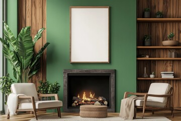 Cozy living room 3D render: blank poster above fireplace, green wall.