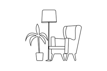 Fototapeta premium Sofa with lamp and potted one line art with minimalist isolated outline vector icon 