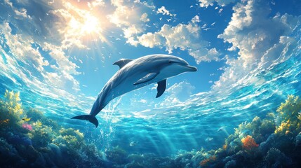 Dolphin leaps ocean reef sunny sky
