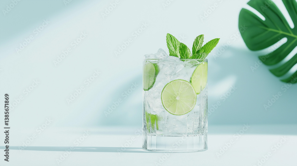 Poster refreshing citrus elixir: a close-up shot of a refreshing drink, featuring ice cubes, mint leaves an
