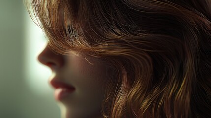 Naklejka premium Close-up Profile of a Woman with Wavy Auburn Hair, Soft Light, Intriguing Gaze Partially Obscured
